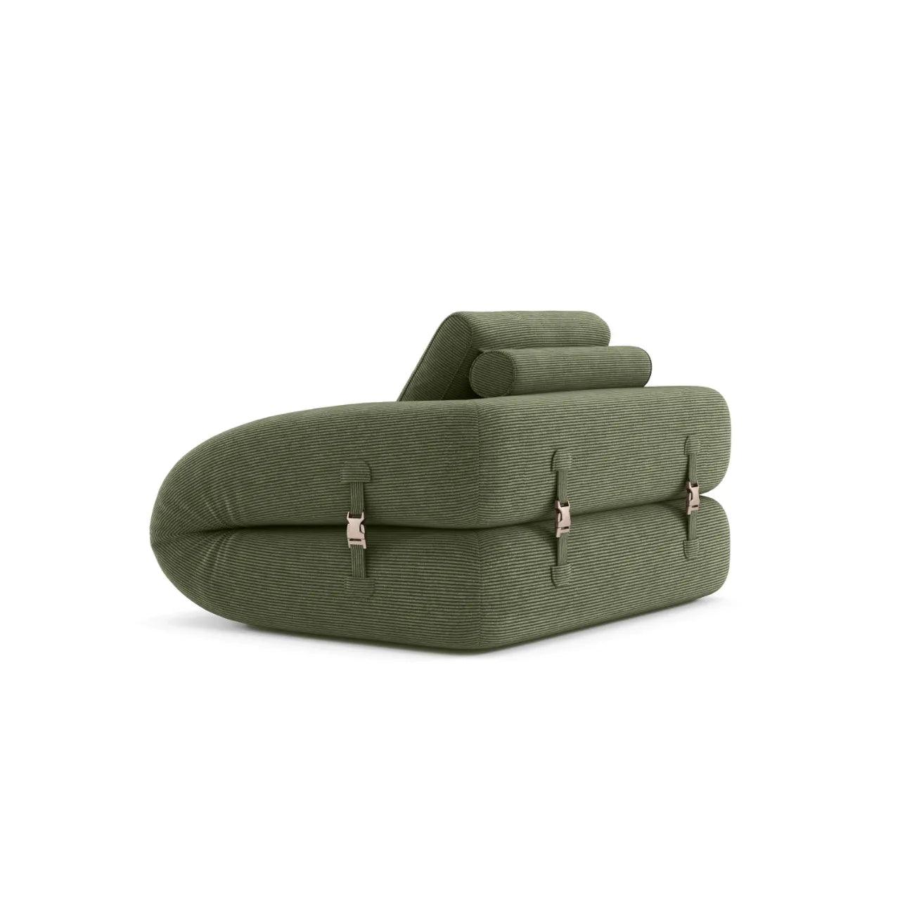 Flippo Sofa Bed in Forest Green – rich deep green corduroy, 120cm wide, stylish and compact, foldable design, perfect for modern interiors